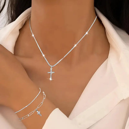 3 Piece Women's Sparkling Cross, Bracelet, and Necklace