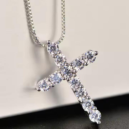 Elegant diamond inspired mens cross chain necklace, with sparkling Zirconia gems