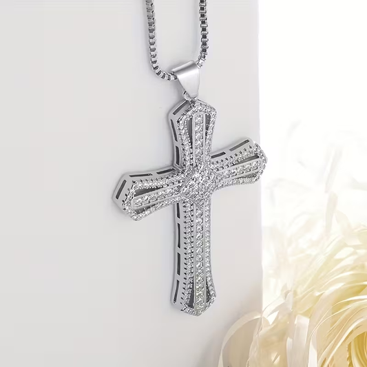 Diamond Layered Cross Pendant Necklace front view