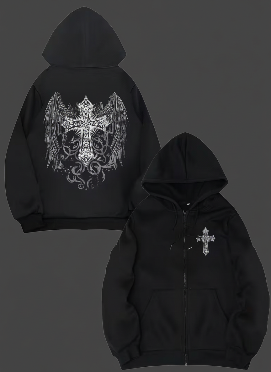 Gothic Winged Cross Hoodie