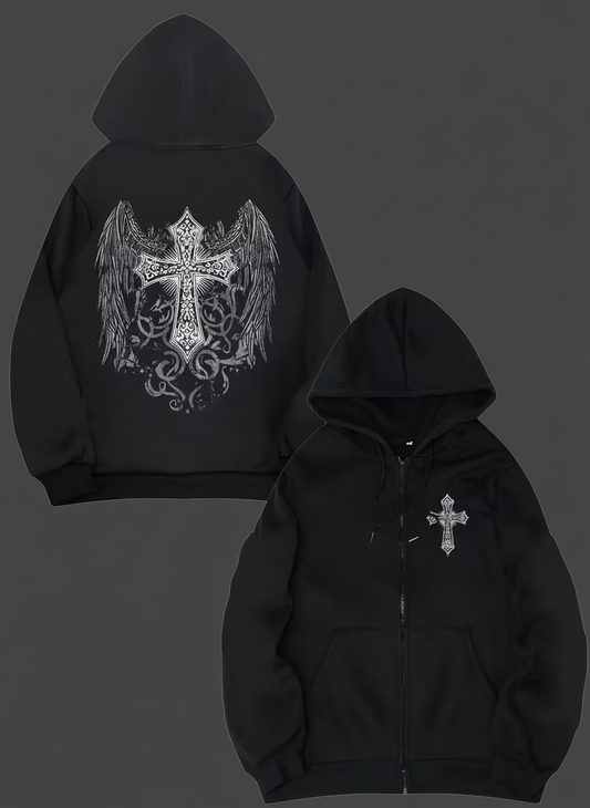 Gothic Winged Cross Hoodie