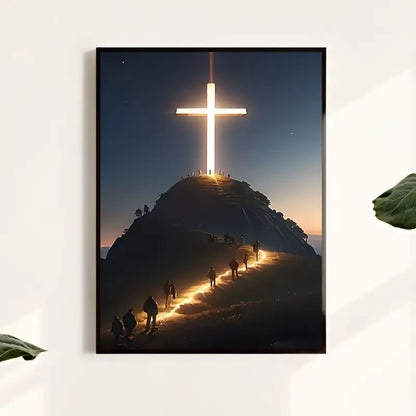 Illuminated Cross On A Mountain Wall Art