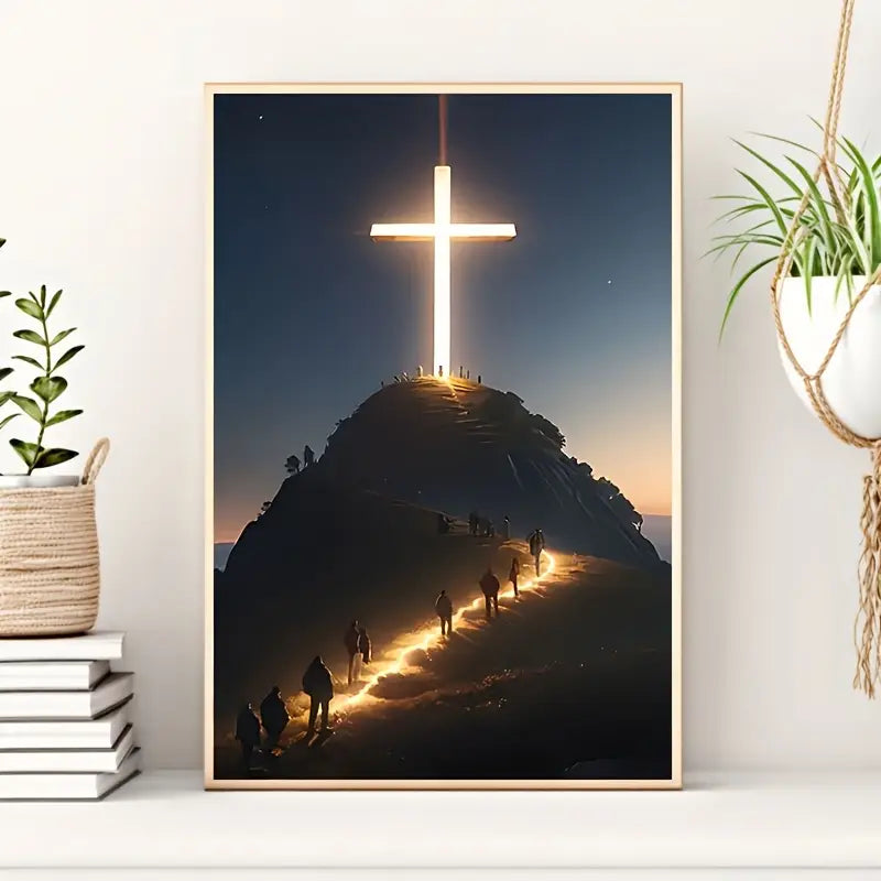 Illuminated Cross On A Mountain Wall Art